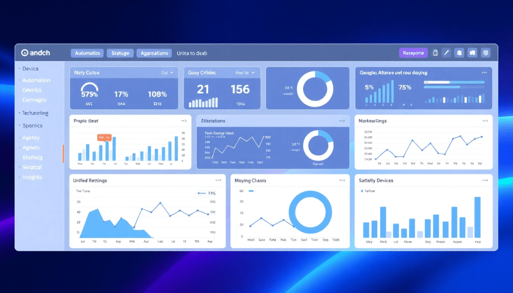Marketing analytics dashboard displaying automated performance reports, cross-channel analytics, and digital marketing data visualization, ideal for agency reporting automation and performance marketing KPIs analysis.