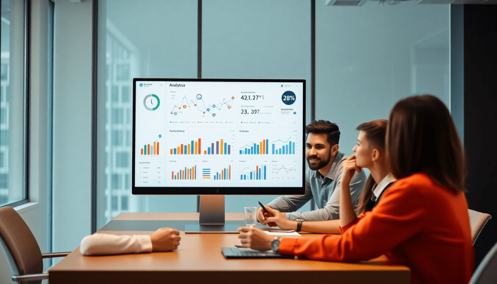 Team discussing a Supermetrics alternative marketing analytics dashboard displaying automated performance reports and client dashboard insights for agency reporting automation and cross-channel analytics.