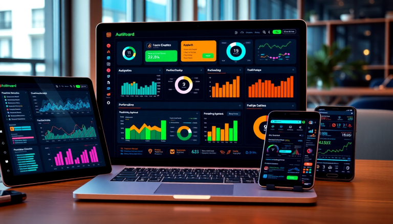 Automated KPI reporting dashboard displaying marketing KPI automation, real-time performance analytics, and AI analytics reporting on multiple devices.