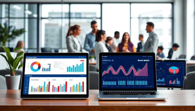 AI data visualization tool for marketing teams displaying multi-channel performance metrics on digital dashboards, showcasing marketing analytics automation, AI reporting assistant, and campaign performance insights in a professional office setting.