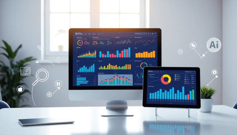 Digital marketing KPI dashboard displaying marketing metrics visualization, performance tracking, and campaign KPI monitoring with interactive graphs and automated reports on a computer and tablet.