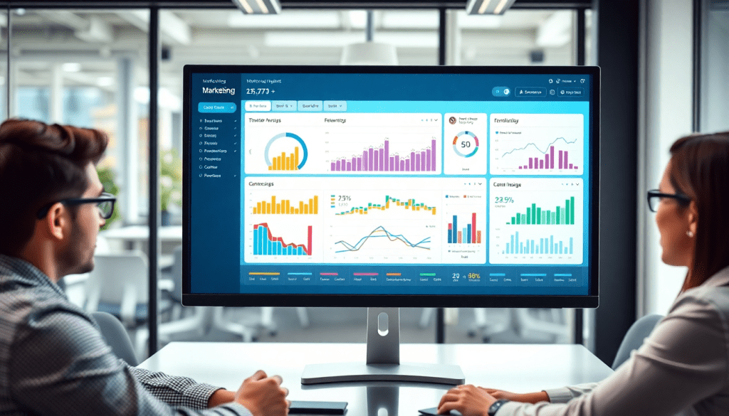 Automated KPI reporting dashboard displaying marketing metrics for digital campaign tracking, cross-channel analytics, and ROI visualization.