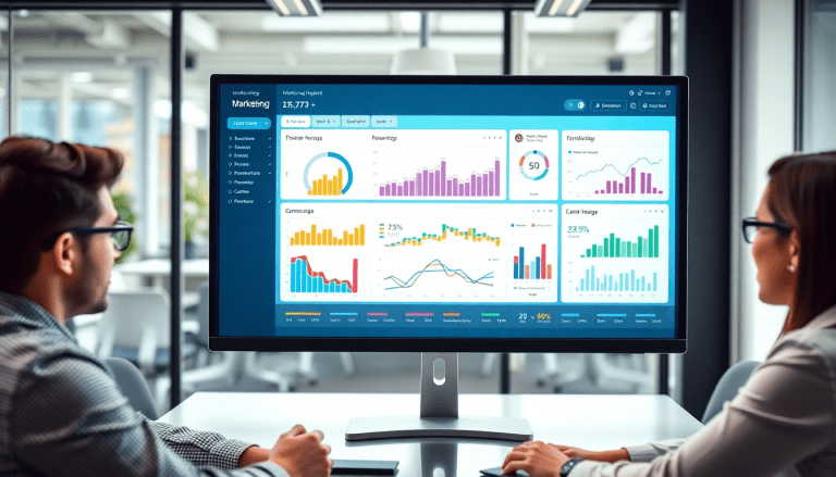 Automated KPI reporting dashboard displaying marketing metrics for digital campaign tracking, cross-channel analytics, and ROI visualization.