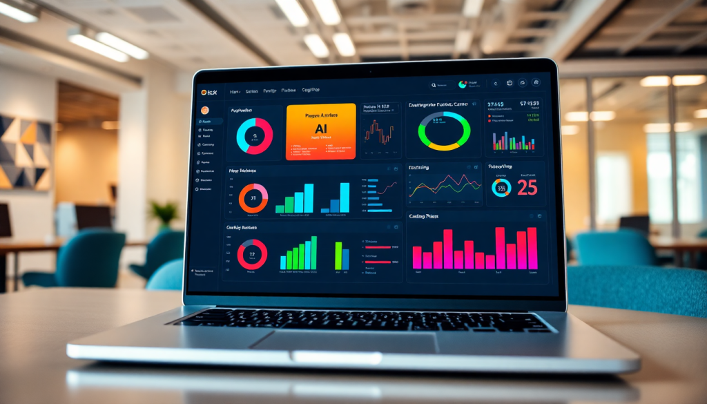Automated KPI reporting dashboard on a laptop screen showcasing real-time performance metrics and AI analytics for digital campaign tracking and cross-channel insights.