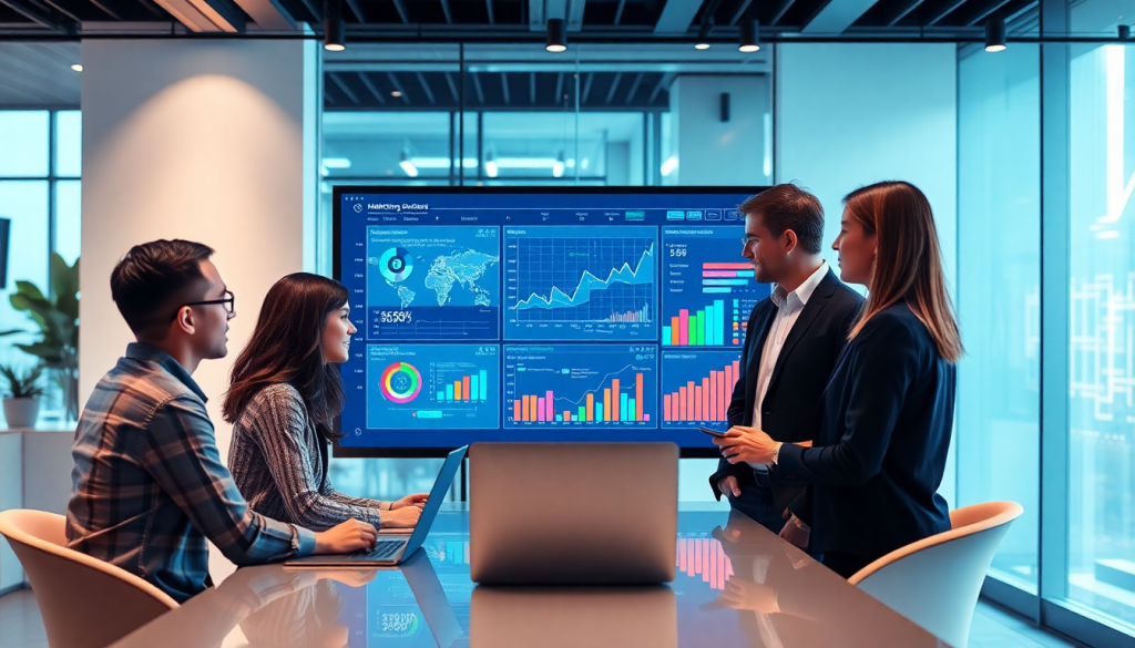 Marketing team analyzing AI data visualization tool for automated marketing analytics and AI-powered dashboards, showcasing cross-channel visualization and interactive data reports for campaign performance insights in a digital performance dashboard setting.
