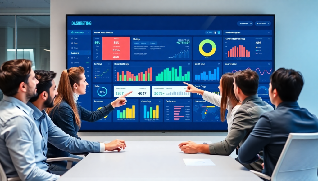 Digital marketing KPI dashboard being analyzed by a team, showcasing marketing metrics visualization, performance tracking dashboard, and campaign KPI monitoring on a large screen.