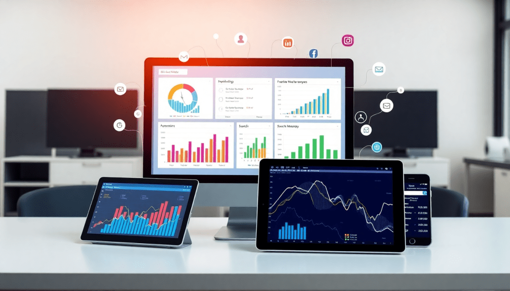 Multi-channel analytics dashboard showcasing cross-channel marketing analytics, performance tracking, and integrated marketing metrics on various devices.