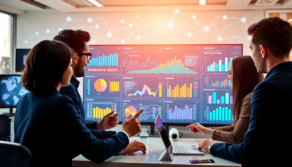 Marketing team utilizing an AI data visualization tool for automated dashboard creation, cross-channel performance tracking, and marketing analytics automation.