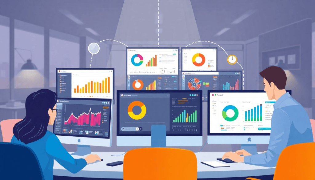 Two professionals using multiple monitors displaying analytics and graphs, representing a NinjaCat alternative and agency reporting software, highlighting cross-channel reporting tools and automated marketing reports.