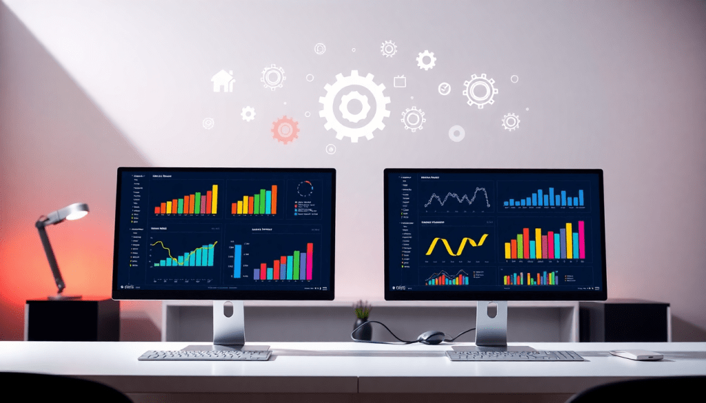 Two monitors displaying a marketing dashboard automation setup, showcasing marketing analytics dashboard with automated performance reports, agency reporting automation, client dashboard insights, cross-channel analytics, and digital marketing data visualization.