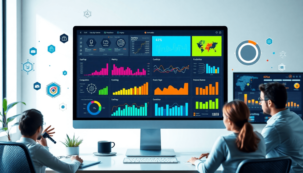 Automated KPI reporting dashboard displaying marketing analytics automation, AI reporting assistant features, and cross-channel performance tracking for client analytics automation and marketing data visualization.