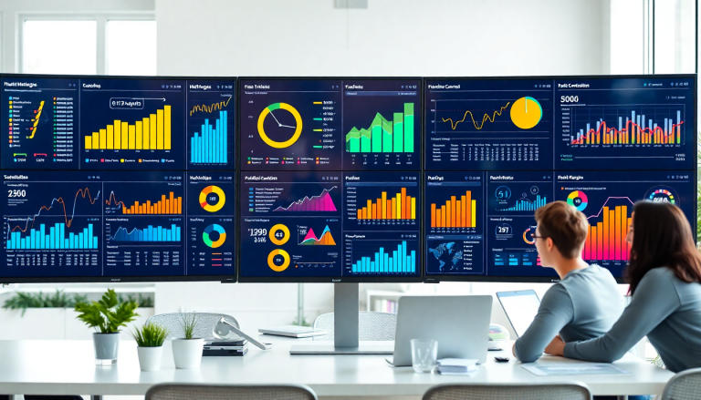 Automated KPI reporting dashboard displaying marketing analytics automation, AI reporting assistant, and cross-channel performance tracking insights visualized on multiple screens.