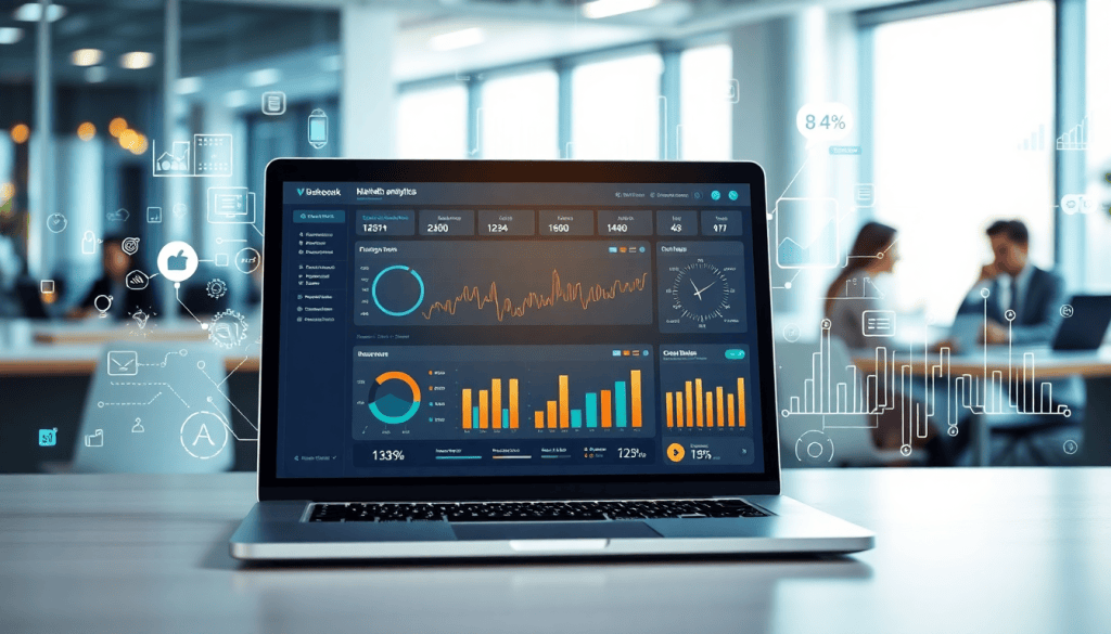 AI data visualization tool for marketing teams showcasing marketing analytics automation, AI reporting assistant, automated dashboard creation, cross-channel performance tracking, client analytics automation, and ROI tracking dashboard on a laptop screen in an office setting.
