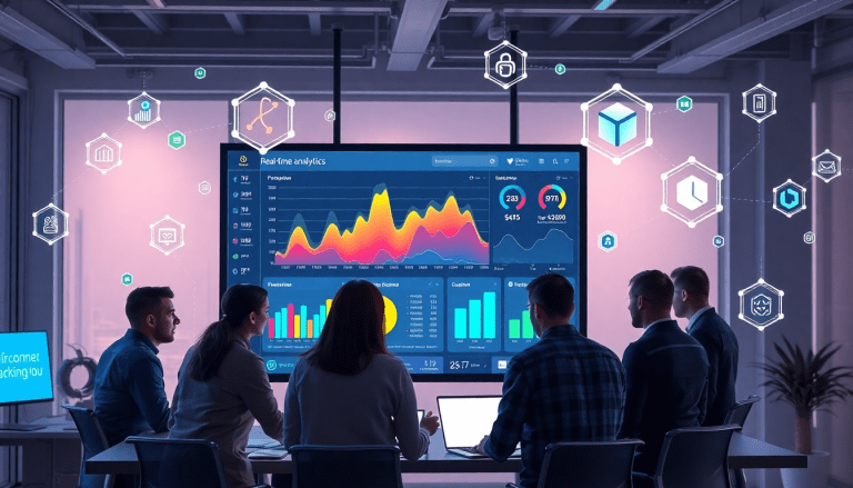 Team discussing marketing dashboard automation with real-time analytics displayed on a screen, highlighting AI-powered dashboard creation, multi-channel data aggregation, and automated reporting workflows.