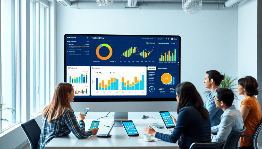 Group of people using a white-label marketing dashboard for agencies, displaying customizable client dashboards and automated data visualization on a large screen, with additional views on tablets.