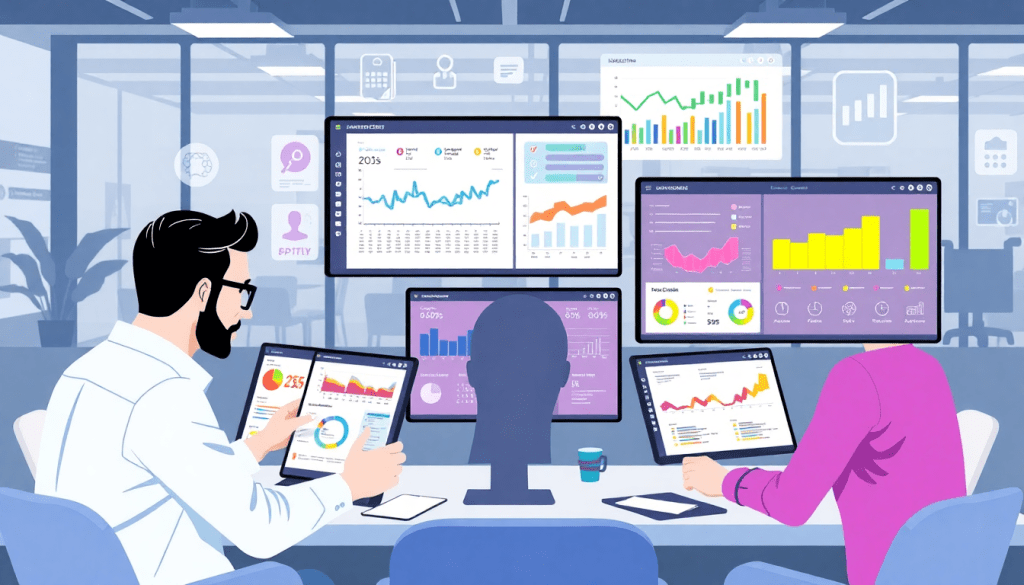 A team using reporting software for agencies on multiple screens, featuring campaign performance tracking and cross-channel reporting tools as a NinjaCat alternative.