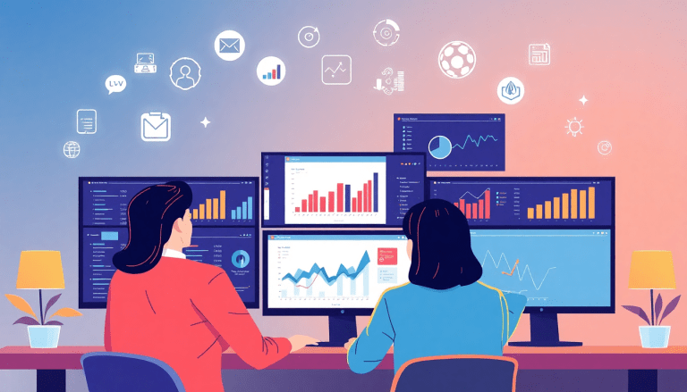 Two people analyzing marketing data on multiple screens displaying graphs and charts, representing a NinjaCat alternative for agency reporting, client dashboard platforms, and automated cross-channel reporting tools.