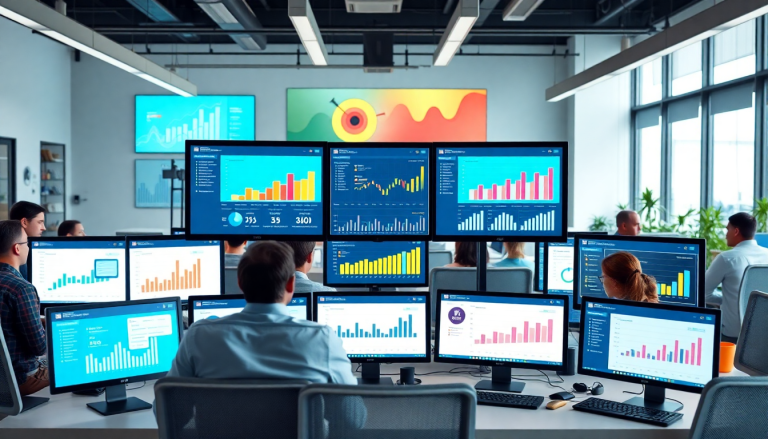 Employees using multiple monitors displaying a marketing analytics dashboard for automated performance reports and agency reporting automation, offering client dashboard insights and cross-channel analytics, similar to the Tapclicks reporting platform and Funnel.io comparison tools for performance marketing KPIs.