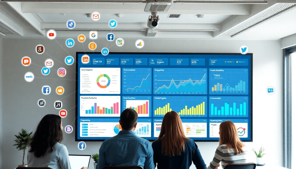 Marketing dashboard automation with cross-channel analytics, showcasing automated performance reports and client dashboard insights for agency reporting automation and digital marketing data visualization.