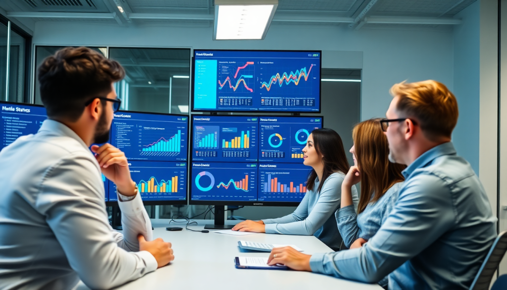 Team analyzing marketing analytics dashboard for agency reporting automation and client dashboard insights, showcasing cross-channel analytics and automated performance reports with performance marketing KPIs.