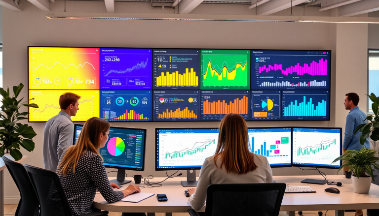 Marketing analytics team using a digital marketing data visualization dashboard for automated performance reports and cross-channel analytics in an agency environment, demonstrating a Funnel.io alternative platform with client dashboard insights and reporting automation for agencies.
