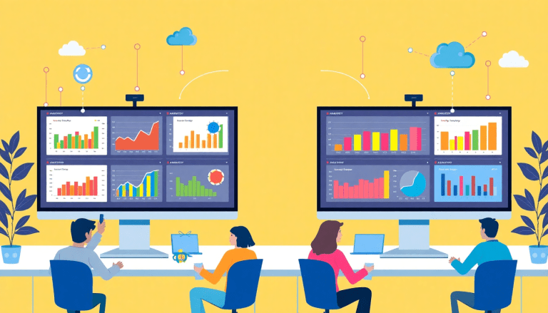 Modern agency team using cross-channel reporting tool for automated marketing reports and white-label analytics software on two large screens.