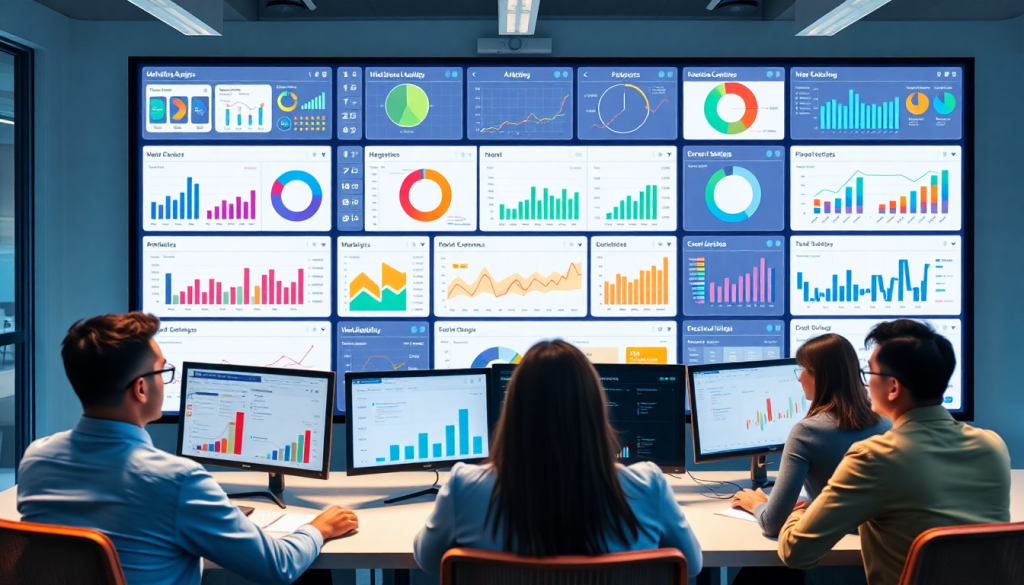 Marketing team analyzing data on a comprehensive marketing analytics dashboard, showcasing automated performance reports, agency reporting automation, client dashboard insights, and cross-channel analytics, illustrating the capabilities of a Supermetrics alternative and TapClicks reporting platform for digital marketing data visualization and performance marketing KPIs.