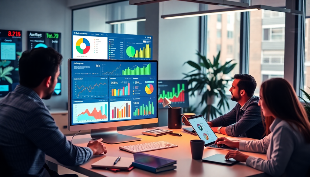 Marketing team using AI data visualization tool for automated dashboard creation and cross-channel performance tracking.