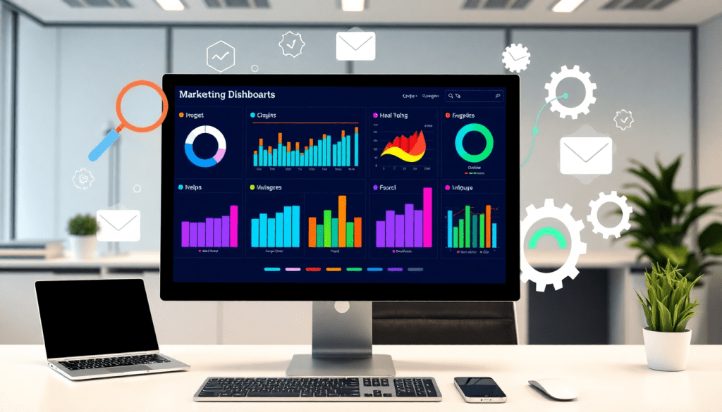 Automated KPI reporting dashboard on desktop display showing marketing insights with real-time performance analytics, charts, and graphs for digital campaign tracking and cross-channel metrics.