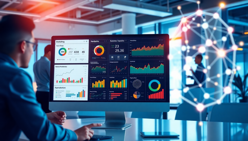Digital marketing KPI dashboard showcasing marketing metrics visualization, cross-channel analytics, and AI-enhanced performance tracking for effective ROI monitoring and digital campaign reporting.
