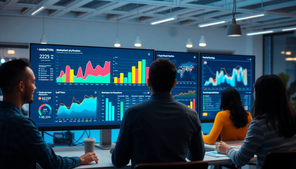 People analyzing data on screens with performance marketing reporting software, featuring automated campaign reporting, ad spend optimization dashboard, ROAS tracking platform, and cross-channel campaign tracking insights.