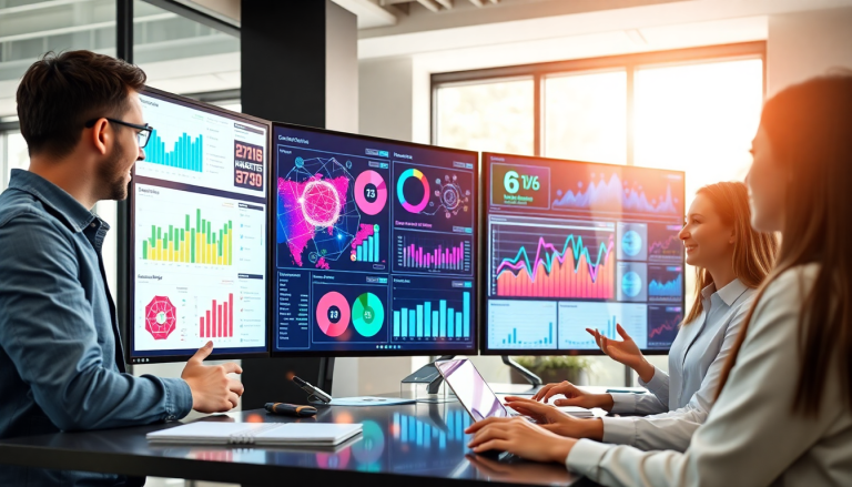 Marketing team using an AI data visualization tool to analyze real-time marketing metrics on digital performance dashboards, featuring AI-powered dashboards, campaign performance insights, and cross-channel visualization.
