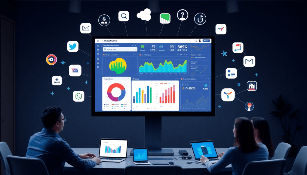 Multi-channel analytics dashboard displaying cross-channel marketing analytics with performance tracking, data aggregation, campaign performance visualization, and ROI tracking in a unified reporting platform.