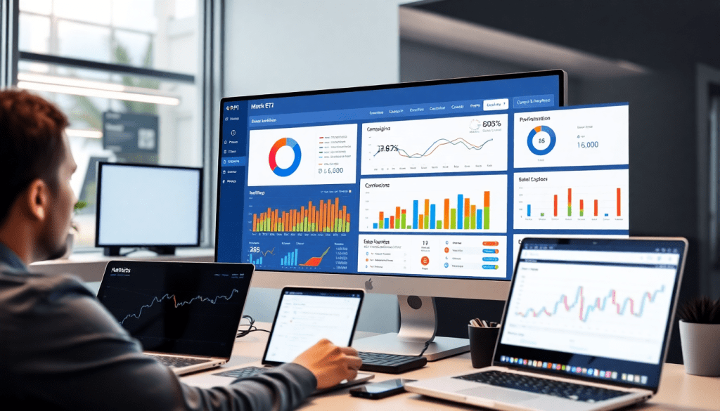 Digital marketing KPI dashboard showcasing marketing metrics visualization, performance tracking dashboard, and campaign KPI monitoring for cross-channel analytics and ROI tracking.