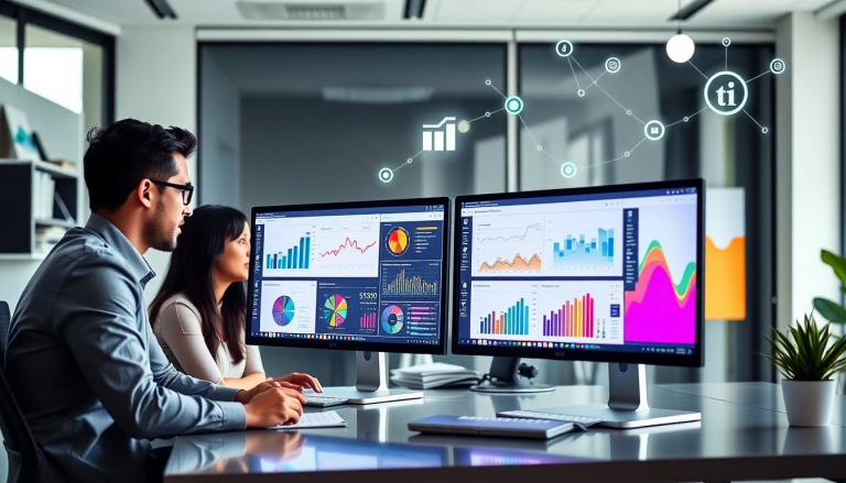 Modern office with professionals analyzing data on dual monitors, showcasing marketing analytics dashboard, automated performance reports, and cross-channel analytics for agency reporting automation insights.