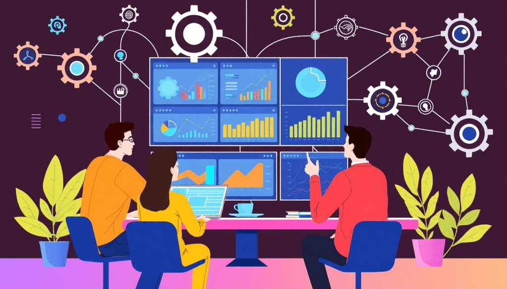 People analyzing data on multiple screens representing an AI marketing data integration tool by TapClicks, showcasing industry-specific benefits.