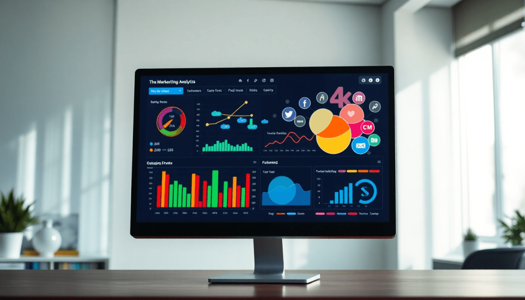 Multi-channel analytics dashboard displaying cross-channel marketing analytics, performance tracking, marketing data aggregation, and campaign performance visualization in a unified reporting platform.