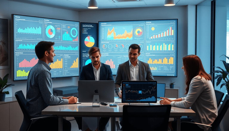 Marketing team using AI data visualization tool for automated dashboard creation and cross-channel performance tracking, showcasing comprehensive marketing analytics and client insights on digital screens.