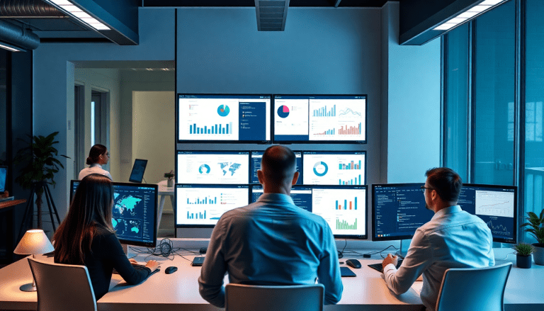Team analyzing data on multiple screens showcasing cross-channel reporting and white-label analytics for agency reporting automation, depicting a NinjaCat alternative and best competitors for reporting software in marketing agencies.