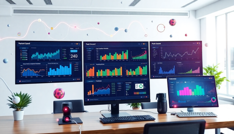 Marketing dashboard automation showcasing AI-powered dashboard creation, real-time marketing analytics, and multi-channel data aggregation on multiple screens.