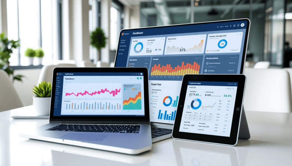 White-label marketing dashboard for agencies showcasing customizable client dashboards and automated data visualization for cross-channel reporting on multiple devices.