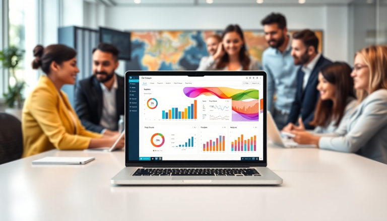 Laptop displaying white-label marketing dashboard for agencies with customizable client dashboards and automated data visualization, meeting in the background.