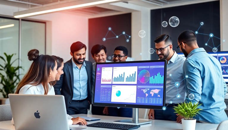 AI data visualization tool for marketing teams displaying marketing analytics automation, ROI tracking dashboard, and campaign performance insights on a screen, surrounded by team members in an office environment.