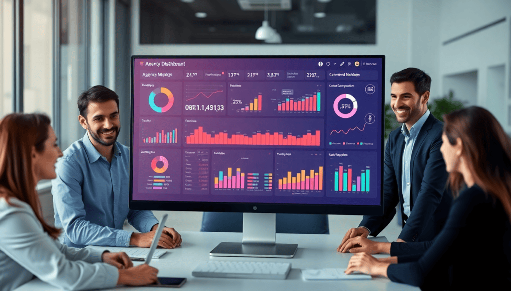 Group of professionals discussing NinjaCat alternatives and competitors, showcasing cross-channel reporting tool and client dashboard platform for agencies on a large display screen.