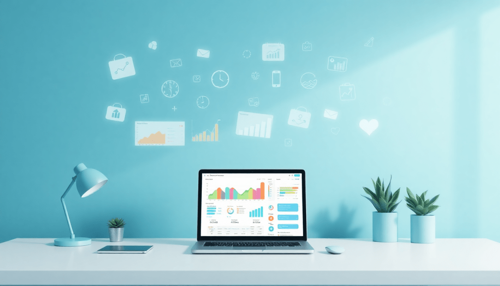 Laptop displaying performance marketing reporting software with automated campaign reporting and analytics dashboard on a workspace.