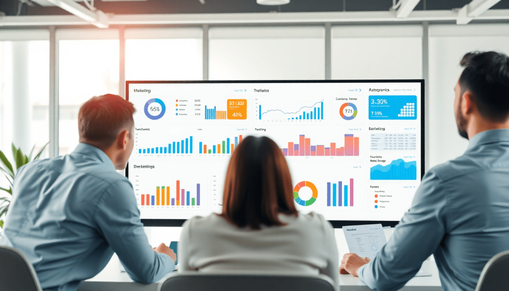 Marketing team using AI data visualization tool for marketing analytics automation, featuring automated dashboard creation, cross-channel performance tracking, and ROI tracking dashboard displayed on screen.