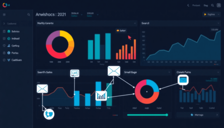 Multi-channel analytics dashboard displaying cross-channel marketing analytics, performance tracking, campaign performance visualization, and ROI tracking insights.