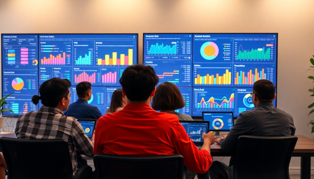 AI data visualization tool for marketing teams showcasing marketing analytics automation, AI reporting assistant, and cross-channel performance tracking on multiple screens for automated dashboard creation and client analytics automation.