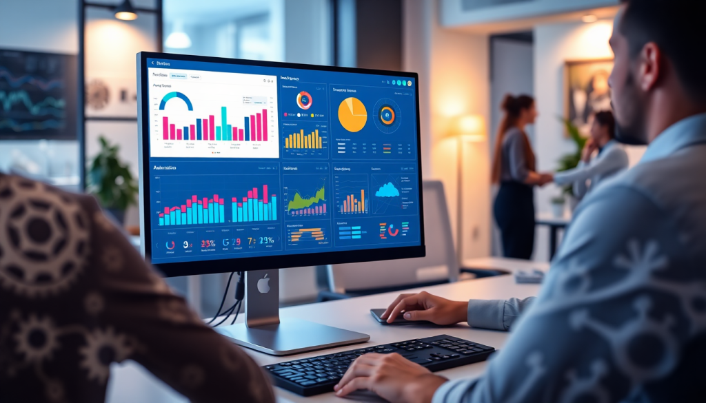 Performance marketing reporting software on a computer screen showcasing automated campaign reporting, performance analytics tool, ad spend optimization dashboard, and digital advertising insights in an office setting.