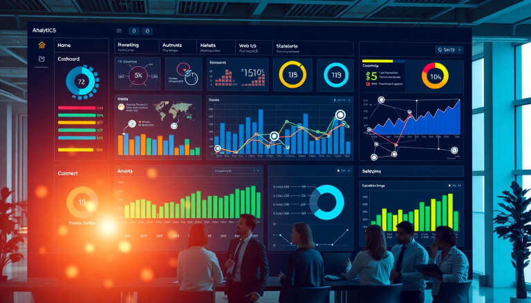 AI data visualization tool for marketing teams displayed on a large screen, featuring cross-channel performance tracking, automated dashboard creation, and ROI tracking dashboard for enhanced marketing intelligence automation.